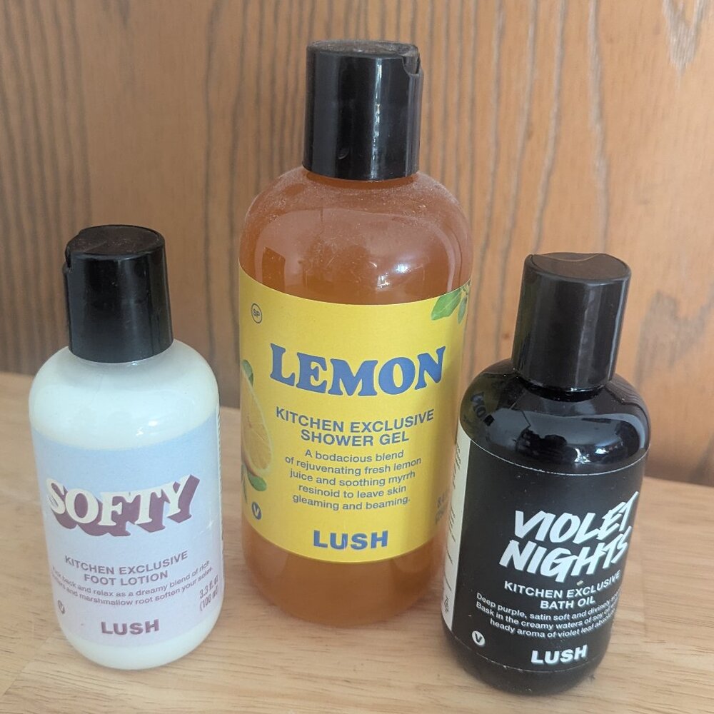 Lush Kitchen Exclusive Bath/Beauty Bundle -Foot Lotion, Shower Gel, Bath Oil-New